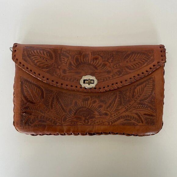 HANDMADE Unbranded Floral Leather Clutch Purse Twist Lock Brown - Picture 2 of 8